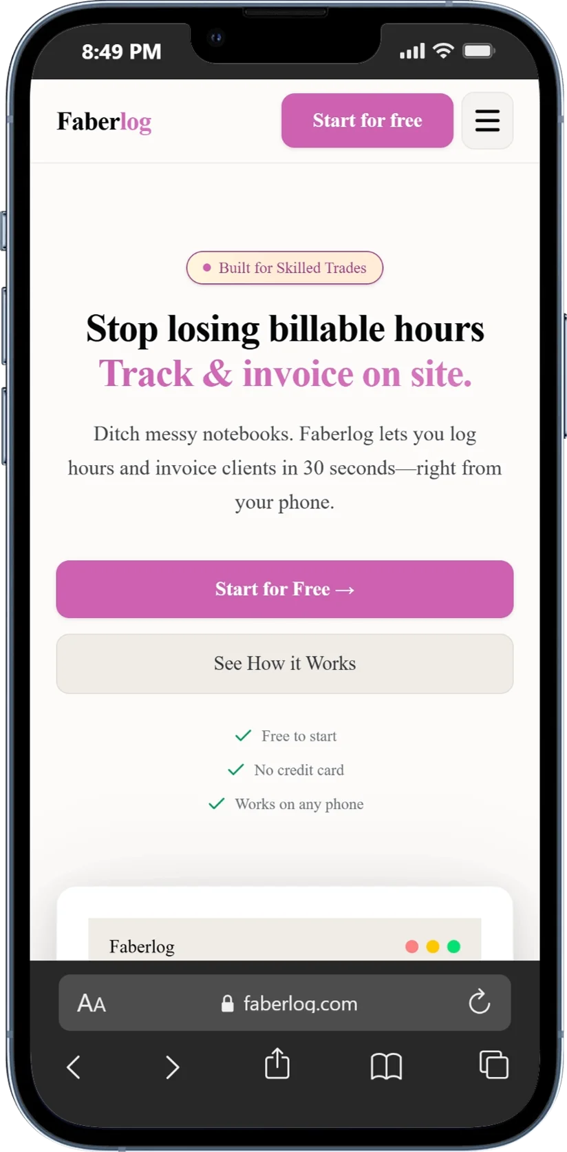 Faberlog mobile app preview